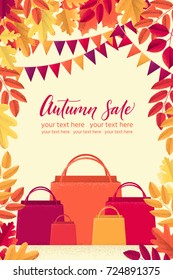 Vertical template with various autumn leaves, shopping paper bags, flags. Retro vector illustration. Autumn sale lettering. Place for your text. Invitation, banner, poster, flyer, gift certificate