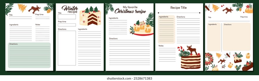 Vertical templates for making notes about cooking homemade desserts. Blank food recipe preparation page. Vector design.