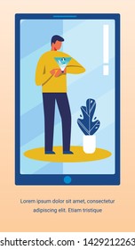 Vertical Text Banner Promoting Mobile Application, Interactive Interface. Flat Man Using Smart Watch to Communicate. Cartoon Phone Screen. Digital Technologies in Life, Business. Vector Illustration