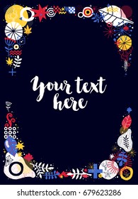 Vertical text frame template with floral and abstract elements on dark background. Useful for prints, posters, banners and advertising.