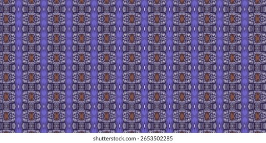 Padrão têxtil vertical com motivos simétricos abstratos em tons roxos e terrosos. Ótimo para decoração, fundos ou design de vestuário.