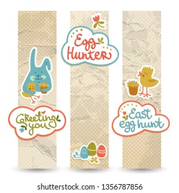 Vertical textured happy easter banners with colorful rabbit chicken eggs and flowers doodle isolated vector illustration