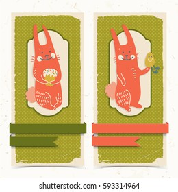 Vertical textured happy easter banners with ribbons and funny rabbits holding egg and cake doodle isolated vector illustration