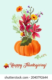 Vertical Thanksgiving card. Pumpkin and autumn flowers: lily, sunflower, aster, thistle, gerbera, daisy, twigs on blue background. Digital illustration in watercolor style for fall holidays, vector