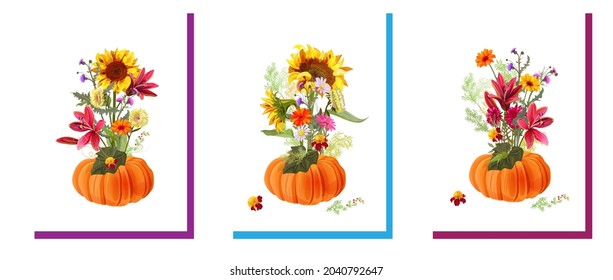 Vertical Thanksgiving cards  Pumpkin   autumn flowers: lily  sunflower  aster  thistle  gerbera  daisy  twigs light backgrounds  Digital illustration in watercolor style for fall holidays  vector