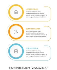 Diseño de Plantilla de infografía de Vertical de tres pasos con Elementos circulares, íconos y texto