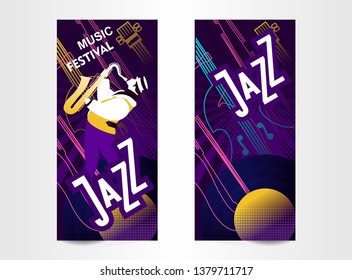 vertical ticket poster for music festival, jazz show, vector illustration, templates for two sides of concert invitation cards of neon illustrations isolated