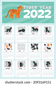 Calendario vertical de tigres para 2022 año. Símbolo chino del próximo año. Tigres y patrones como decoración. Planificación mensual y semanal. Organizador de la vida diaria. Afiche de pared elegante para planear.