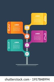 Vertical Time line or infographics with four options. Development and growth of the business. Timeline. Vector Business presentation concept of 4 parts, steps or processes.