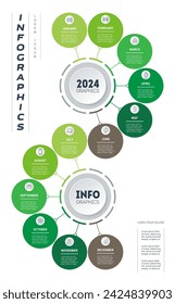 A vertical timeline with 12 steps. Agricultural production calendar. Development of the business. Eco Business concept with options or processes. Gardener's calendar for 12 months.