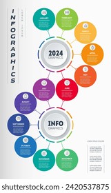 Vertical Timeline with 12 steps. Business Infographic concept with 12 months, steps or technology processes. Calendar template. Time line with Twelve icons. Transformation plan for the year.