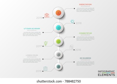 Vertical timeline with 5 lettered circular elements, year indication, thin line icons and text boxes. Concept of five annual development steps. Infographic design template. Clean vector illustration.