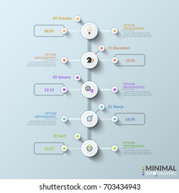 Vertical timeline with 5 white round elements, time and date indication, pictograms, text boxes. Concept of daily appointment planner. Modern infographic design template. Vector illustration.