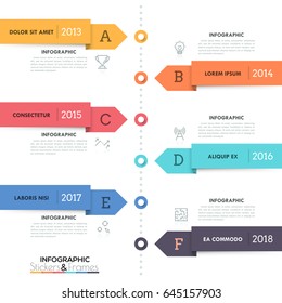 Vertical Timeline With 6 Arrow-like Elements, Thin Line Pictograms, Letters, Year Indication And Text Boxes. Simple Infographic Design Template. Vector Illustration For Brochure, Presentation, Banner.