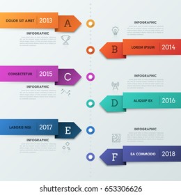 Vertical timeline with 6 arrow-shaped stripes, thin line icons, letters, year indication and text boxes. Realistic infographic design template. Vector illustration for brochure, corporate report.