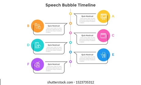 Vertical timeline with 6 speech bubbles. Concept of six milestones on company development and growth. Simple infographic design template. Flat vector illustration for progress bar, presentation.