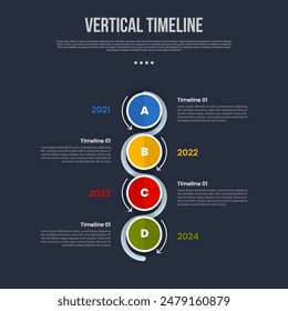 vertikale Timeline Business Report Infografik mit Großkreis und Pfeilkontur unten mit 4-Punkt-Bühne mit modernem Dunkelstil für Diapräsentations-Vektorgrafik