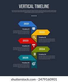 vertical timeline business report infographic with arrow shape opposite direction with 5 point stage with modern dark style for slide presentation vector