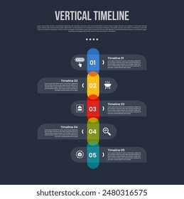 vertical timeline business report infographic with round rectangle base with round transparent box with 5 point stage with modern dark style for slide presentation vector