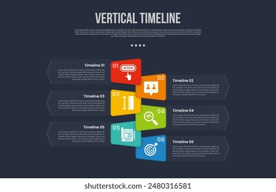 vertical timeline business report infographic with creative skew box piled up on center with transparent arrow box with 6 point stage with modern dark style for slide presentation vector