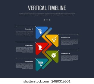 vertikale Timeline Geschäftsbericht Infografik mit Dreieck rund entgegengesetzt mit 5-Punkt-Bühne mit modernem Dark Style für Dia-Präsentation Vektorgrafik