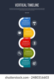 vertical timeline business report infographic with round wave cycle right and left opposite with 5 point stage with modern dark style for slide presentation vector
