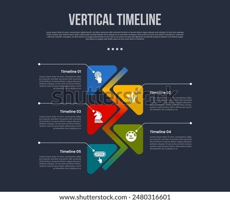 vertical timeline business report infographic with triangle round opposite direction with 5 point stage with modern dark style for slide presentation vector