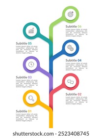 Infografía de la línea de tiempo de Vertical con 6 opciones o pasos. Presentación de negocio, flujo de trabajo, hito y Plan. Ilustración vectorial.