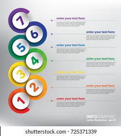Vertical timeline infographic with circle elements. 7 parts concept. Can be used for workflow layout, banner, number options, step up options, diagram, web design. Vector illustration. Eps10.