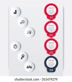 Vertical timeline infographic elements, icons, step labels, vector illustration
