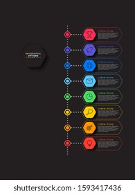 vertical timeline infographic with hexagonal elements on black background. modern business process visualisation with marketing line icons. vector illustration template easy to edit and customize