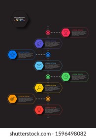 vertical timeline infographic with hexagonal elements on black background. modern business process visualisation with marketing line icons. vector illustration template easy to edit and customize