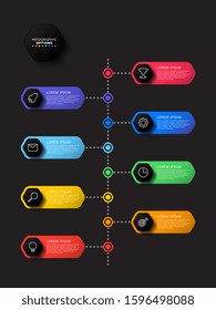 vertical timeline infographic with hexagonal elements on black background. modern business process visualisation with marketing line icons. vector illustration template easy to edit and customize
