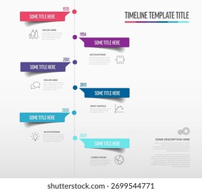Vertical timeline infographic template with colorful elements on a light background. This timeline infographic template is ideal for showcasing historical events or project milestones.