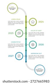 Plantilla de infografía de la línea de tiempo de Vertical con cuatro hitos que muestran la progresión a través de cuatro años con iconos y secciones de texto