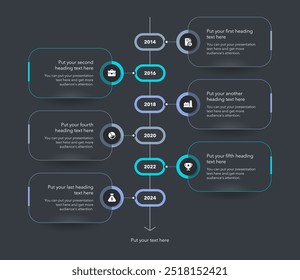 Vertical timeline infographic template with six steps - dark version. SImple chart design with icons and thin lines for workflow layout, banner or web design.