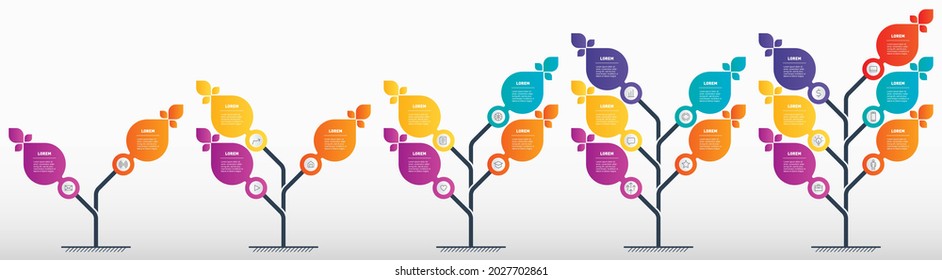 Vertical Timeline or infographics with 2, 3, 4, 5 and 6 parts. The development and growth of the business. Time line of tendencies. Business presentation concept with 5 options, steps or processes.