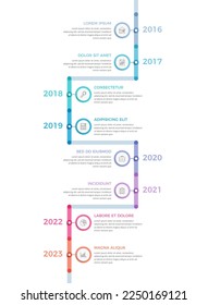 infografía de línea de tiempo vertical con ocho elementos con iconos y texto, vectorial eps10 ilustración