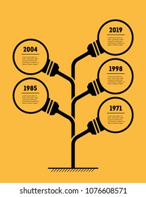 Vertical Timeline infographics with lamps. The development and growth of the business. Business concept with 5 options, parts, steps or processes. Time line of tendencies and technology trends.
