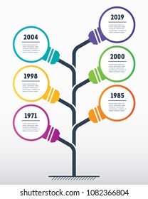 Vertical Timeline infographics with lamps. The development and growth of business. Business concept with 6 options, parts, steps or processes. Time line of tendencies and technology trends.
