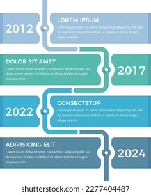 Plantilla de infografía de línea de tiempo vertical con cuatro elementos para fechas y texto, vectorial eps10 ilustración