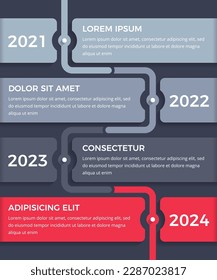Plantilla de infografía de línea de tiempo vertical con cuatro elementos para fechas y texto, fondo oscuro, eps vectorial10 ilustración