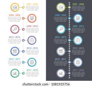 Vertical timeline infographics template with line icons, workflow or process diagram, white and dark backgrounds, vector eps10 illustration