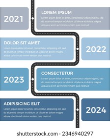 Plantilla de infografía de línea de tiempo vertical con carretera con cuatro elementos para fechas y texto, vectorial eps10 ilustración