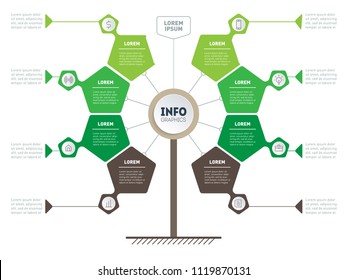 Vertical Timeline infographics. Tree of development and growth of the eco business. Infographic of tendencies and trends graph. Business presentation concept with 8 options, parts, steps or processes.