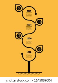 Vertical Timeline infographics. Tree of the development and growth of business. Business concept with 4 options, parts, steps or processes. Time line of tendencies or trends graph.