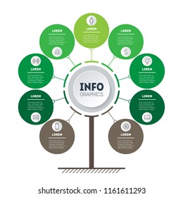 Vertical Timeline infographics. Tree of development and growth of the business. Time line of Social tendencies and trends graph. Business concept with 9 options, parts, steps or processes.