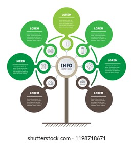 Vertical Timeline infographics. Tree of development and growth of the eco business. Infographic of agriculture tendencies and trends. Business presentation concept with 7 options, parts or processes.