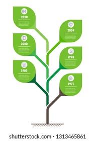 Vertical Timeline infographics. Tree of development and growth of the eco business. Info graphic with 6 options. Green Business presentation concept with 6 parts, steps or processes.