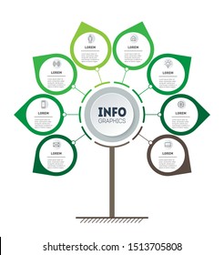 Vertical Timeline infographics. Tree of development and growth of the Green business. Time line of trends. Eco Business concept with 8 options, steps or processes.